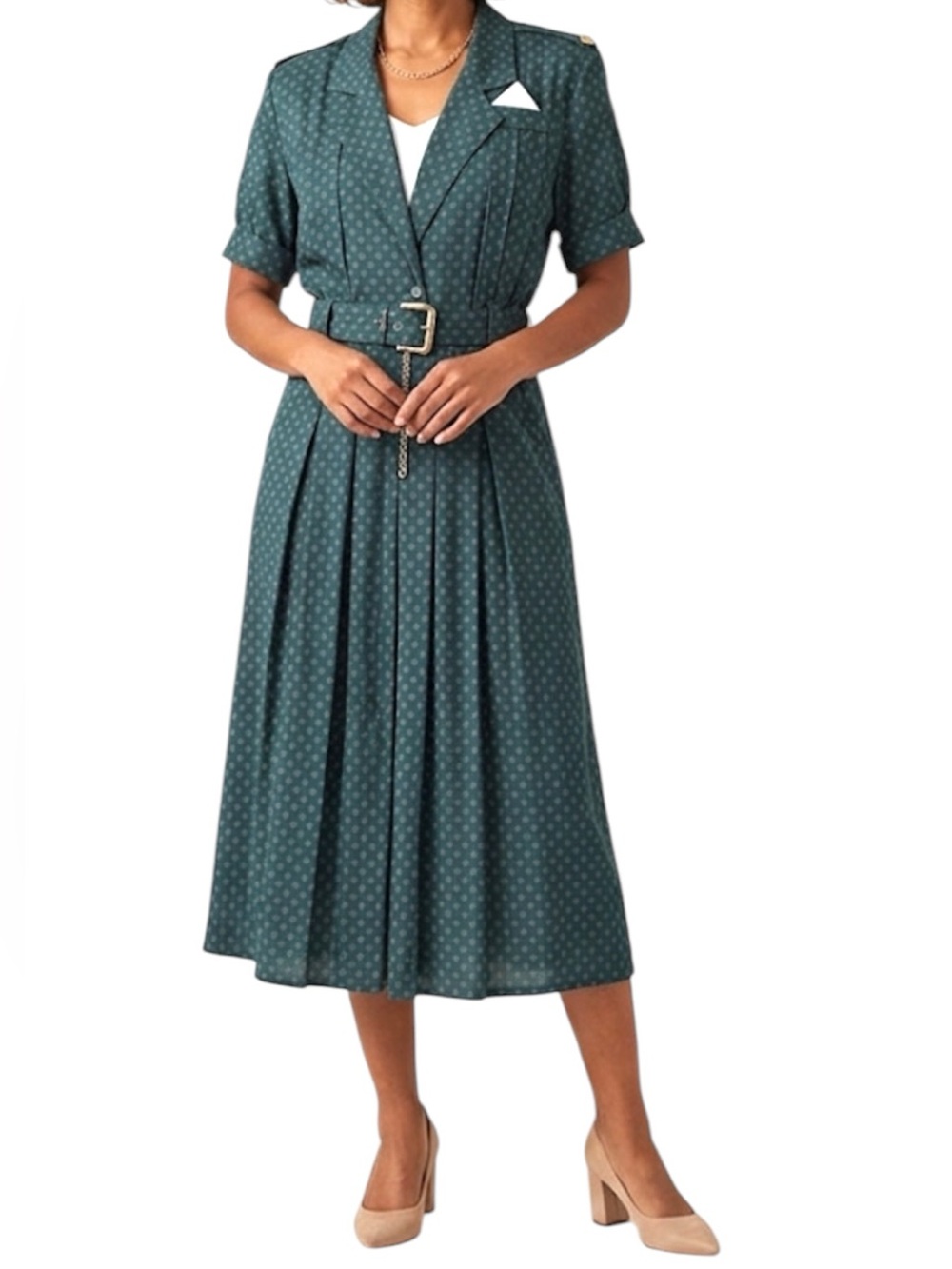 S.L. Fashions Vintage Green Geo Print Belted Collared Shirt Dress Medium